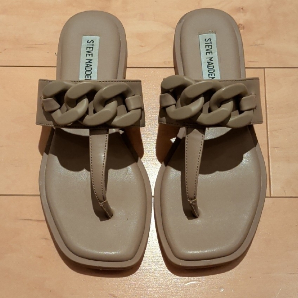 Steve Madden Ariellah Chain Sandals 6.5M Taupe Square Toe Slides - Picture 3 of 8